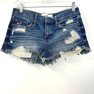Hollister Distressed Fringe Mini Shorts Medium Wash Women's Size 3 / 28 Waist